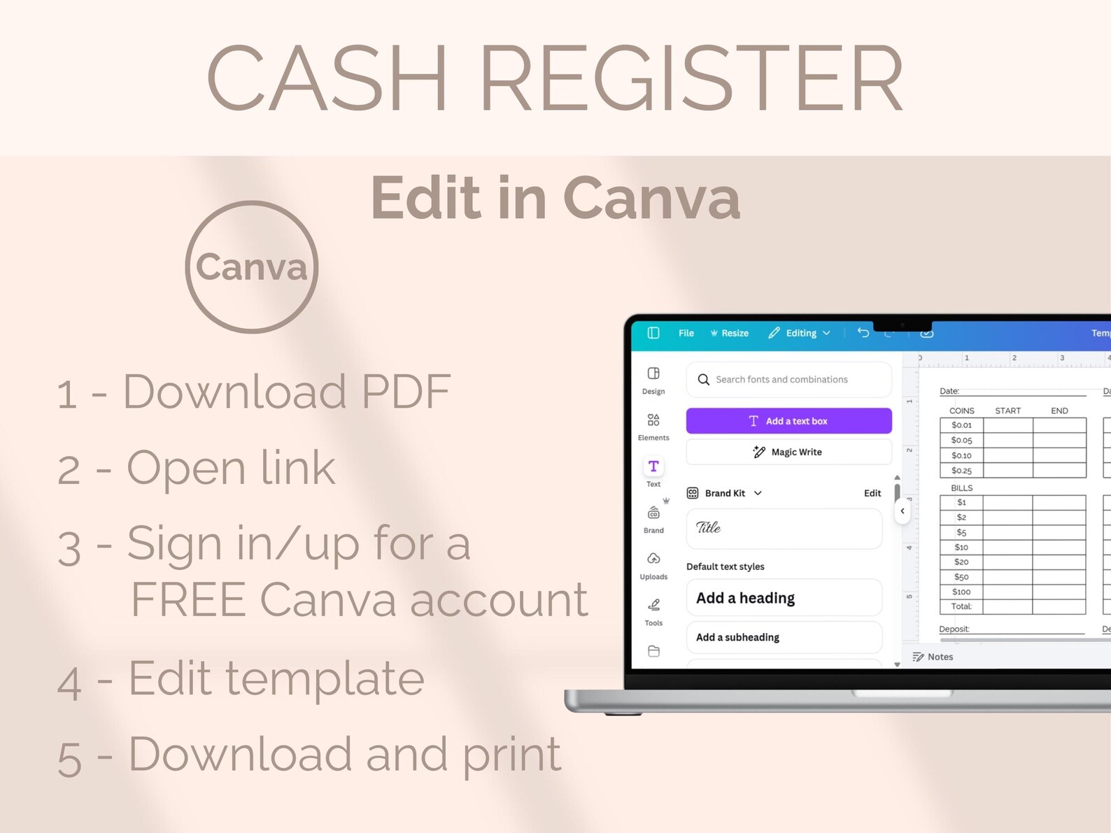 EDITABLE Cash Register Log Template Drawer Balance Count Shop Closing ...