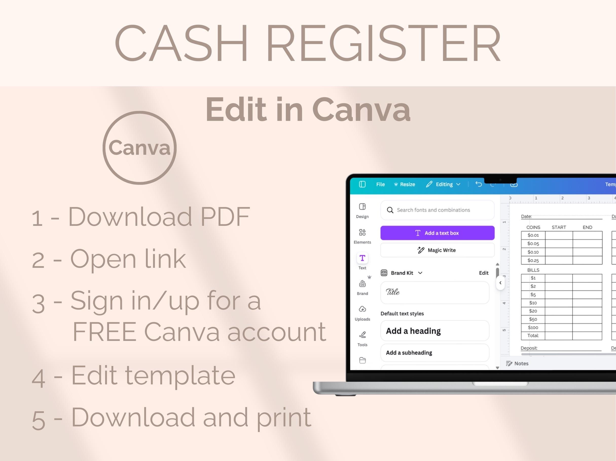EDITABLE Cash Register Log Template Drawer Balance Count Shop Closing ...