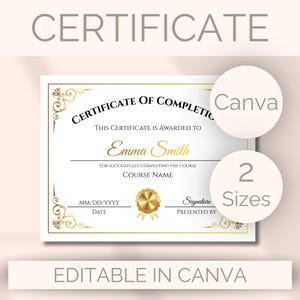 EDITABLE Certificate Of Completion Template Course Completion Certificate of Achievement Award Printable Training Certificate Golden Award