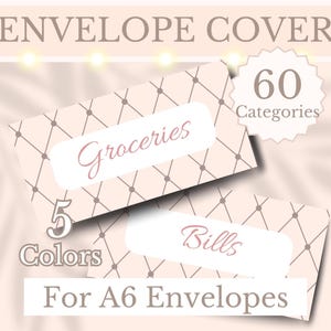 May include: Envelope covers with a geometric pattern in pink and brown. The covers are labeled "Groceries" and "Bills". The text "60 Categories" and "5 Colors" is also visible. The covers are for A6 envelopes.