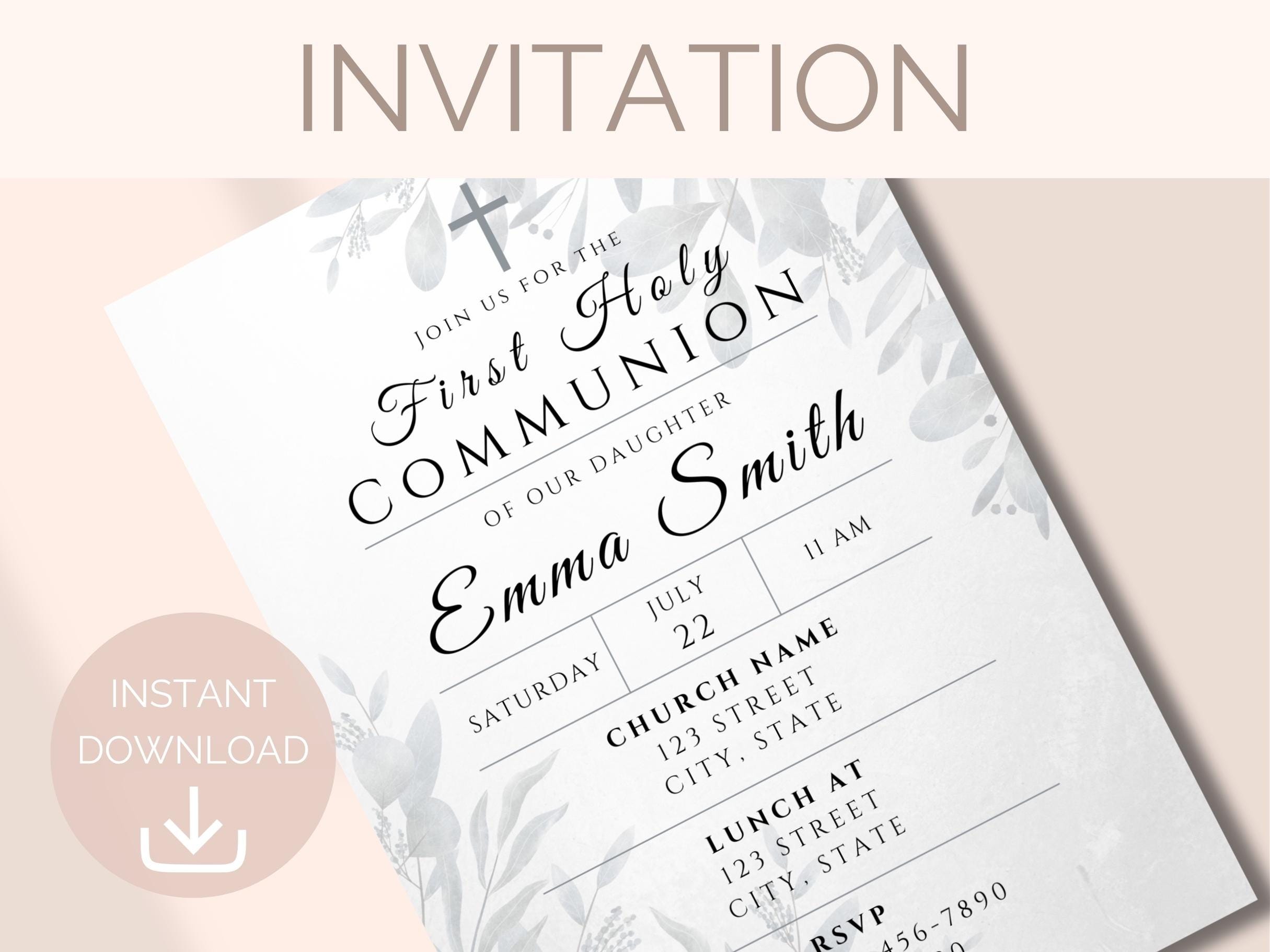 Editable First Holy Communion Invitation Template Girl First Communion ...