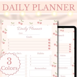 Puede incluir: Un planificador diario imprimible con un patrón de cerezas rosa y blancas. El planificador incluye secciones para objetivos, tareas, hábitos y notas. El texto "Daily Planner" está en la parte superior de la página.