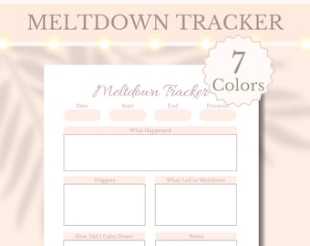 Può includere: Tracker di meltdown stampabile con 7 colori. Il tracker include sezioni per data, ora di inizio, ora di fine, durata, cosa è successo, trigger, cosa ha portato al meltdown, come mi sono calmato e note.