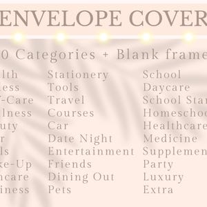 Puede incluir: Gr&aacute;fico beige claro con el texto "ENVELOPE COVER" y una lista de 60 categor&iacute;as, incluyendo Salud, Fitness y Belleza. Las categor&iacute;as se muestran en una fuente sencilla y f&aacute;cil de leer.