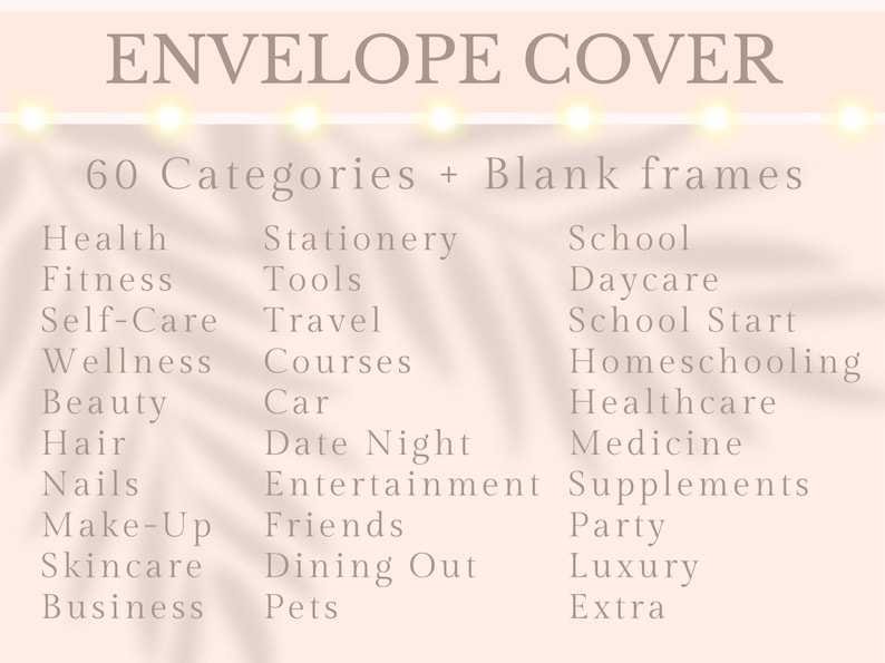 Puede incluir: Gr&aacute;fico beige claro con el texto "ENVELOPE COVER" y una lista de 60 categor&iacute;as, incluyendo Salud, Fitness y Belleza. Las categor&iacute;as se muestran en una fuente sencilla y f&aacute;cil de leer.