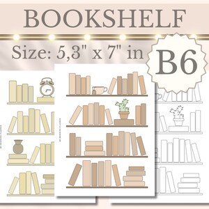May include: Printable digital planner page featuring a bookshelf with four shelves. The shelves are filled with books in various sizes and colors, including beige, brown, and yellow. The top shelf has an alarm clock. The second shelf has a cup of coffee and a cactus. The third shelf has a vase. The fourth shelf has a stack of books. The page is labeled "My Morning Planner". The size of the page is 5.3 inches by 7 inches.