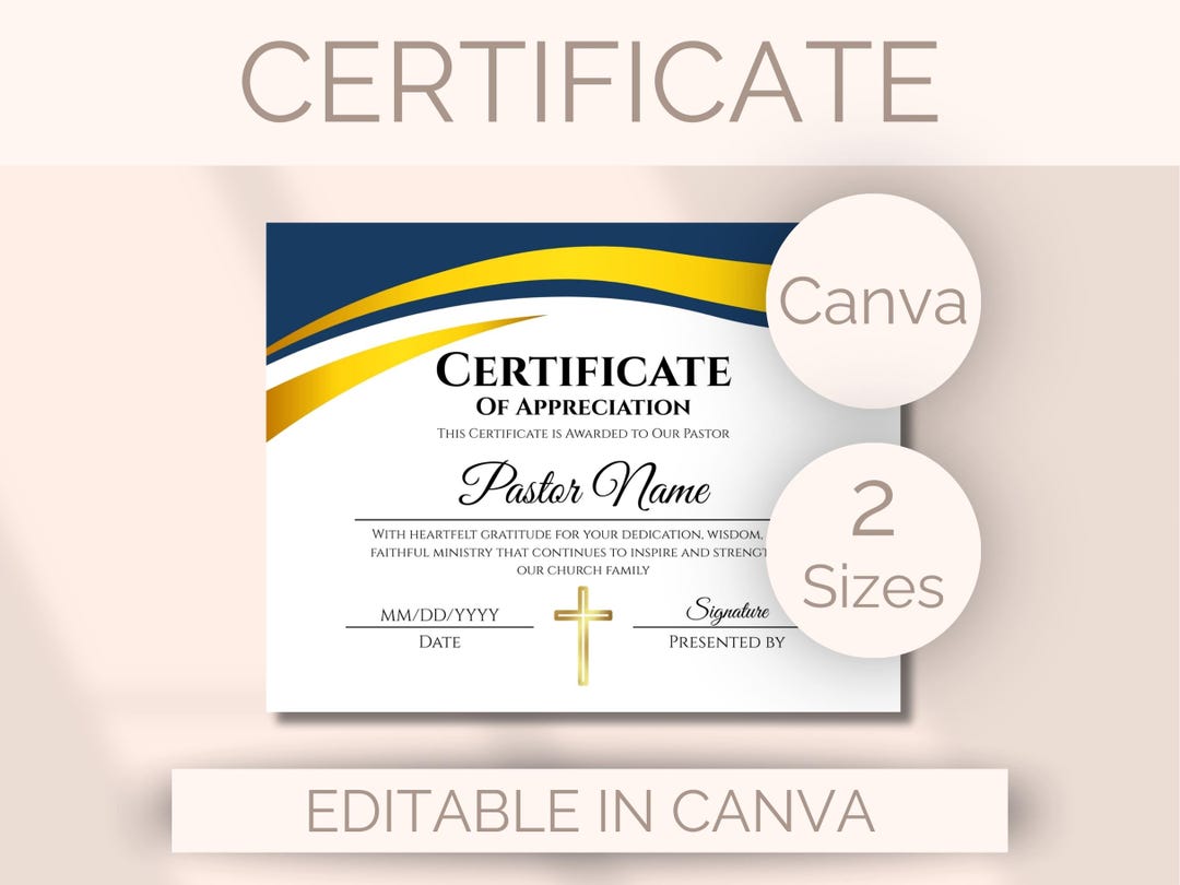EDITABLE Pastor Appreciation Certificate Template Church Certificate of ...