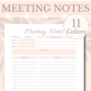 Meeting Notes Planner Printable Work Meeting Minutes Notes Sheet Agenda Business Note Taking Project Record Log Board Meeting Discussion