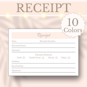 Può includere: Un modello di ricevuta con la parola "RECEIPT" in alto. La ricevuta ha campi per data, numero di ricevuta, ricevuto da, importo, metodo di pagamento, prodotto, ricevuto da e firma. Un adesivo indica "10 Colori".