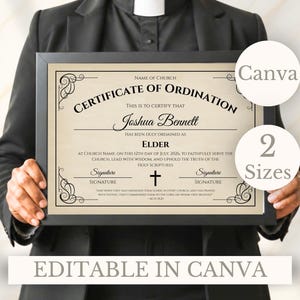 Może przedstawiać: Certyfikat ordynacji w czarnej ramce na kremowym papierze, z czarnym tekstem o treści Certificate of Ordination, Joshua Bennett, Elder, zawierający symbol krzyża, ozdobne rogi z zawijasami oraz dwie okrągłe nakładki z tekstem.
