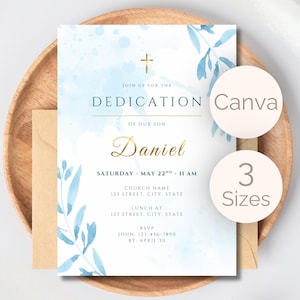 May include: A rectangular invitation card for a dedication ceremony featuring a light blue watercolor wash, gold cross, and gold script text reading Daniel. The card includes text for church details, lunch, and RSVP, with two circular overlays.