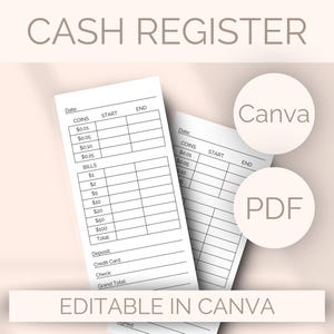 May include: Two white cash register forms with a detailed layout for tracking coins, bills, and payment methods. The forms include the text "CASH REGISTER", "EDITABLE IN CANVA", "Canva", and "PDF".