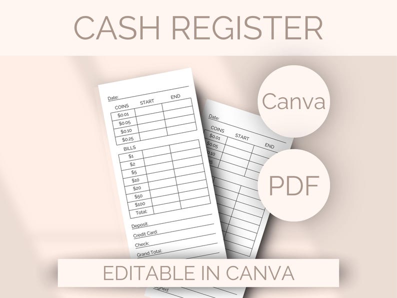 EDITABLE Cash Register Log Template Drawer Balance Count Shop Closing ...