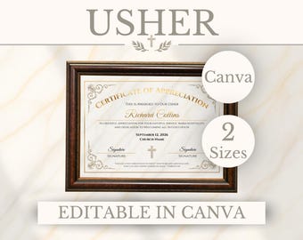 May include: A framed Certificate of Appreciation for an usher, featuring gold text and decorative borders on a white background. The document includes fields for a name, date, and signatures, with a cross icon. Text reads: USHER, Canva, 2 Sizes.