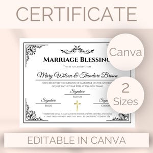 May include: A white marriage blessing certificate with black decorative borders and text that reads Marriage Blessing, Mary Wilson & Theodore Brown, and includes a gold cross icon. The document features signature lines for a pastor, bride, and groom.