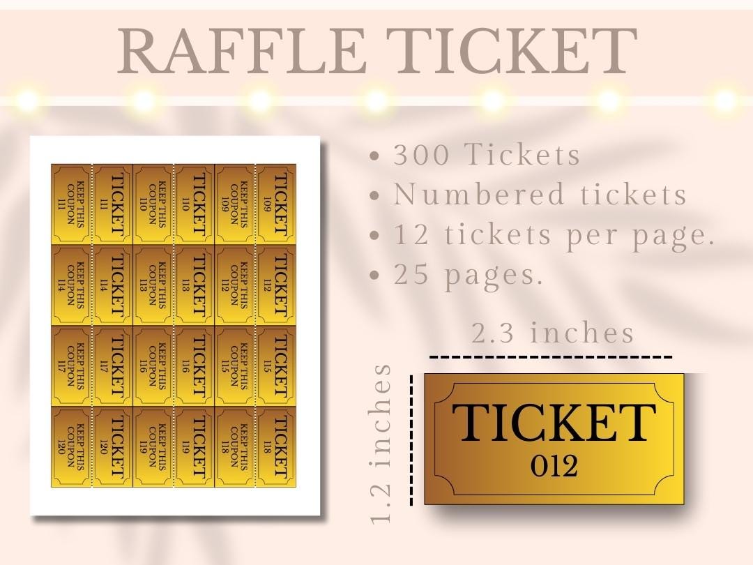 GOLD Numbered Raffle Ticket Printable 300 Enter to Win Ticket Tombola ...