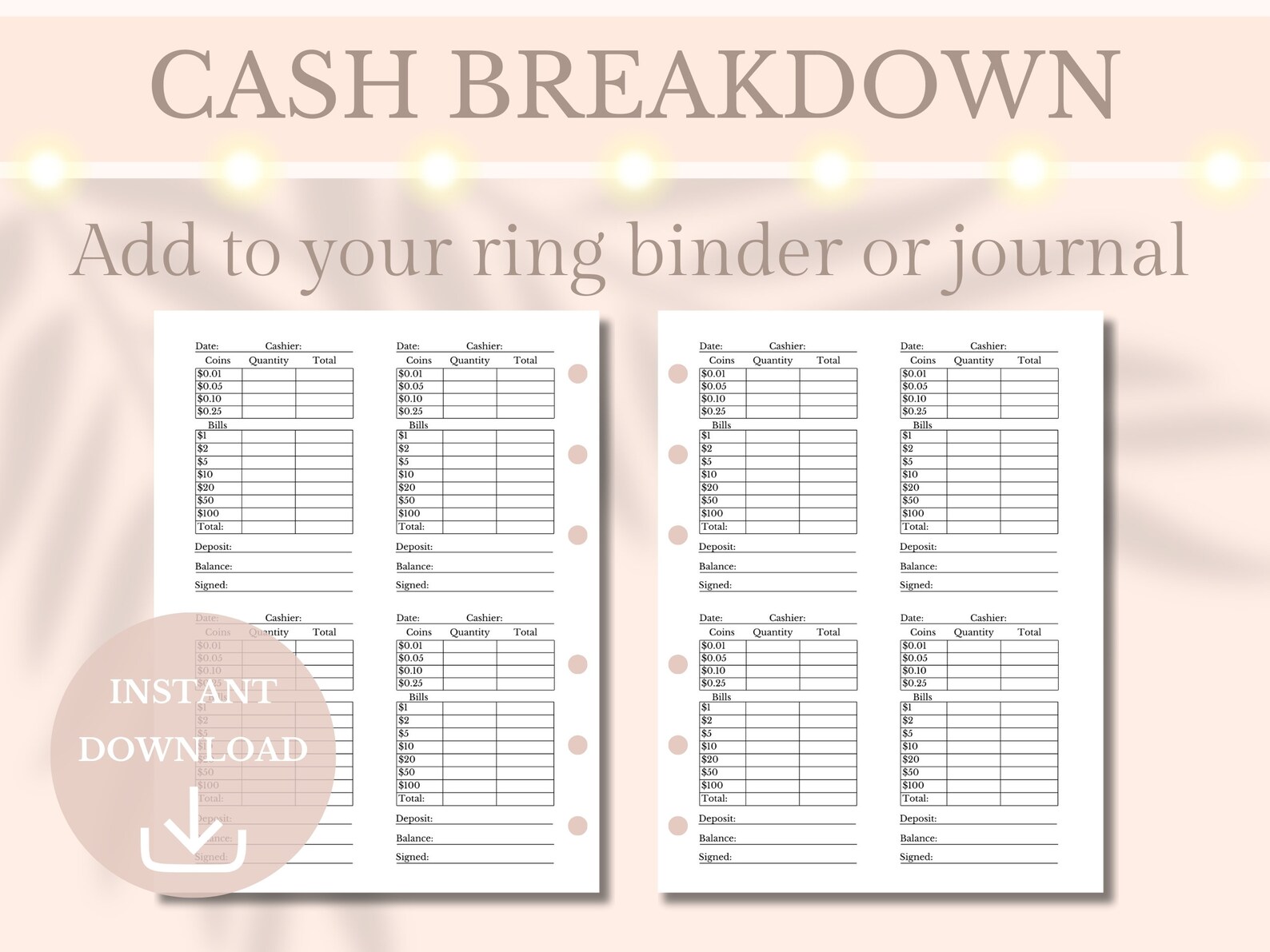 Cash Breakdown Printable Drawer Count Sheet Small Business Planner Cash ...
