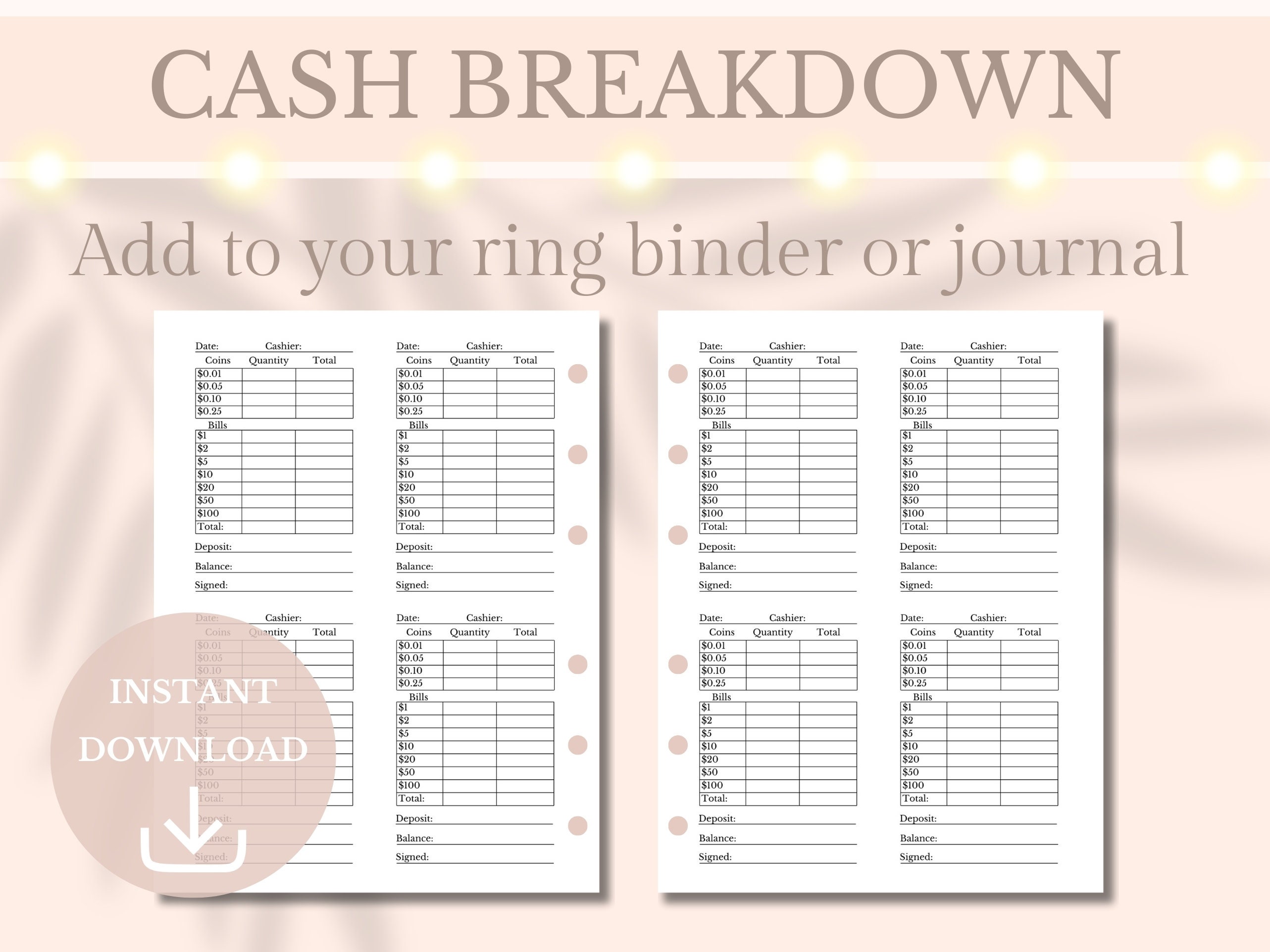 Cash Breakdown Printable Drawer Count Sheet Small Business Planner Cash ...