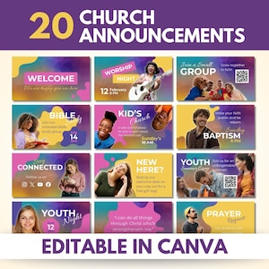 May include: A collection of 20 digital church announcement templates featuring colorful abstract shapes, photography of people, and text overlays. The graphics include titles like Welcome, Worship Night, Small Group, Bible Study, Kid's Church, Baptism, and Youth Night.