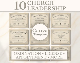 May include: A collection of ten beige church leadership certificates featuring black text and ornate border designs. The templates include titles such as Certificate of Ordination, License, Installation, Appointment, Commissioning, and Recognition.