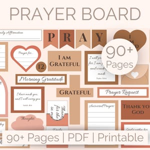 May include: A digital prayer board with various prompts and templates. Includes sections for daily affirmations, gratitude, prayer requests, and more. Features a neutral color palette with text like "PRAY," "GRATEFUL," and "THANK YOU GOD."