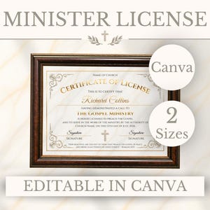 May include: A certificate of license document in a dark brown frame with gold decorative borders and text that reads Certificate of License, This is to certify that, Richard Collins, The Gospel Ministry, and Romans 10:15. Includes two white circles.