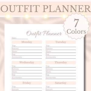 Puede incluir: Un planificador de atuendos imprimible con un fondo rosa y un título que dice "Outfit Planner 7 Colors". El planificador está dividido en secciones para cada día de la semana, con espacios para enumerar la parte superior, la inferior, los zapatos, el bolso y los accesorios para cada atuendo.