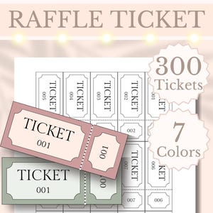 Puede incluir: Diseño de boleto de rifa con el texto "RAFFLE TICKET" en la parte superior. La imagen muestra una hoja de boletos con dos boletos desprendidos. Los boletos son rosas y verdes, con el texto "TICKET" y números.