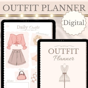 May include: Digital planner with a pink background and the text "Outfit Planner" in brown. The planner has a section for daily outfits with a drawing of a pink top, shorts, and accessories. There is also a section for notes.