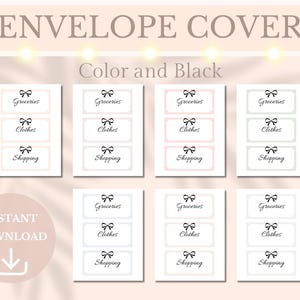 Puede incluir: Imagen de ocho cubiertas de sobres con las palabras "Comestibles", "Ropa" y "Compras" en negro, con un lazo. Las palabras "ENVELOPE COVER" y "Color and Black" est&aacute;n en la parte superior. Un gr&aacute;fico de "DESCARGA INSTANT&Aacute;NEA" est&aacute; en la parte inferior izquierda.