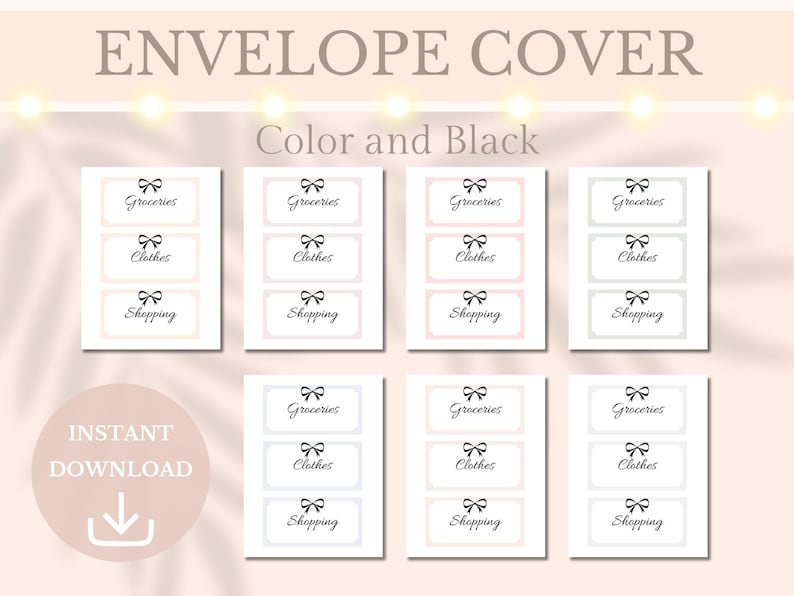 Puede incluir: Imagen de ocho cubiertas de sobres con las palabras "Comestibles", "Ropa" y "Compras" en negro, con un lazo. Las palabras "ENVELOPE COVER" y "Color and Black" est&aacute;n en la parte superior. Un gr&aacute;fico de "DESCARGA INSTANT&Aacute;NEA" est&aacute; en la parte inferior izquierda.