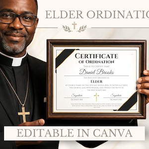 May include: A framed Certificate of Ordination for an Elder, featuring black corner accents, a gold cross icon, and printed text including the name Daniel Brooks, dated 12th July 2026. The document is presented in a dark brown wooden frame.