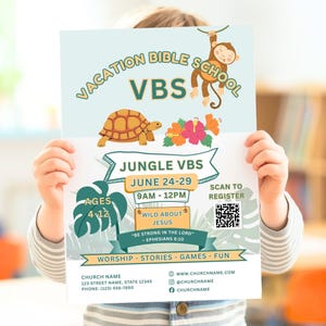 May include: A flyer for Vacation Bible School featuring a cartoon monkey, a turtle, and tropical flowers. The text reads Jungle VBS, June 24-29, 9AM-12PM, Ages 4-12, Wild About Jesus, Be Strong In The Lord - Ephesians 6:10, Worship, Stories, Games, Fun.