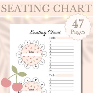 以下が含まれることがあります： 上部に「SEATING CHART」という文字が入った、印刷可能な座席表。デザインには花の要素と桜のイラストが含まれています。表にはテーブル番号とゲストの名前を入れるスペースがあり、「47 Pages」と表示されています。