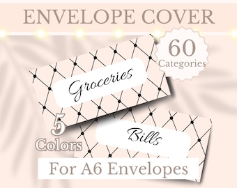 May include: Printable envelope covers with a black and white geometric pattern. The covers are labelled "Groceries" and "Bills". The text "60 Categories", "5 Colours", and "For A6 Envelopes" is also included.