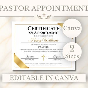 Op de afbeelding: Een wit aanstellingscertificaat voor een pastor met gouden randaccenten en een gouden kruispictogram. De tekst bevat "Certificate of Appointment", "Henry Williams", "Pastor" en een bijbelvers. Twee ronde badges vermelden "Canva" en "2 Sizes".
