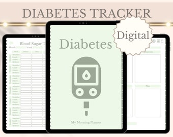 May include: Digital diabetes tracker with a green and white color scheme. The tracker includes a blood sugar log, a section for symptoms, and a plan section. The text "Diabetes" is in a large font at the top of the page.