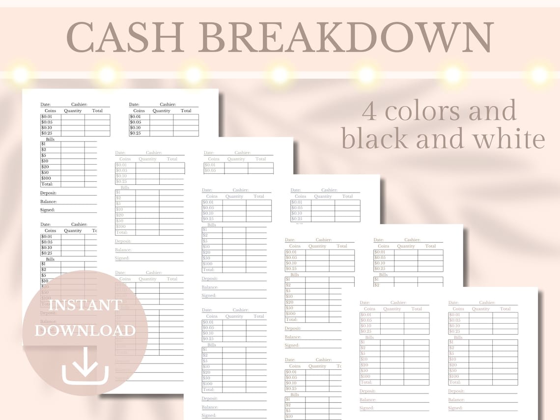 Cash Breakdown Printable Drawer Count Sheet Small Business Planner Cash ...