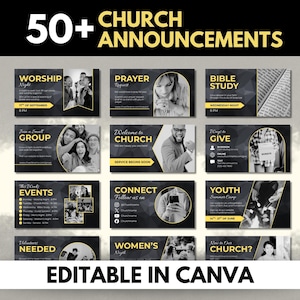 May include: A collection of 50+ digital church announcement templates featuring a black and gold geometric design. Each rectangular graphic includes placeholders for text and photography, covering topics like worship, prayer, bible study, and events.