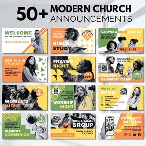 50+ Modern Church Announcement Slides Template Service & Pre-Service Church Presentation Slide Deck Live Stream Graphics Canva Template