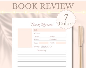 May include: Printable book review template with a pink background and a title that says "Book Review". The template includes fields for title, author, genre, series, chapters, pages, start date, finish date, rating, and a summary section.