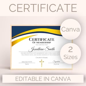 May include: A certificate of membership template featuring a white background with navy blue and gold curved accents at the top. The text reads Certificate of Membership, Jonathan Smith, and includes a gold cross icon, date, and pastor signature line.
