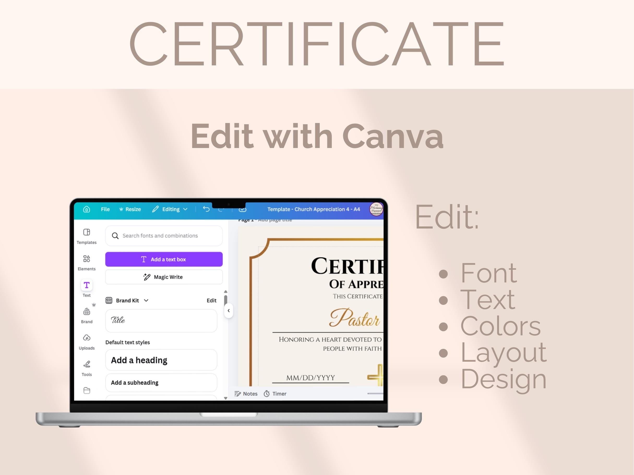 EDITABLE Church Certificate of Appreciation Template Pastor ...