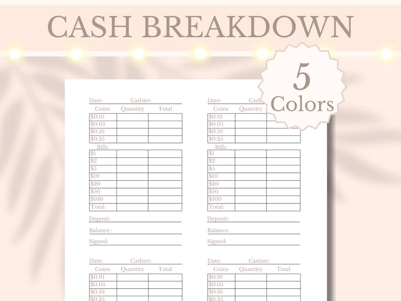 Cash Breakdown Printable Drawer Count Sheet Small Business Planner Cash