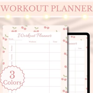 Puede incluir: Planificador de entrenamiento imprimible con un patrón de cerezas. El planificador tiene una sección para la semana, el entrenamiento y la hora. El texto "3 Colores" está en un círculo en la parte inferior izquierda de la imagen.