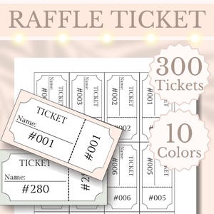 以下が含まれることがあります： 上部に「RAFFLE TICKET」の文字が入った、宝くじのデザイン。画像には、「TICKET」と「Name:」の文字が印刷されたチケットのシートが写っています。2枚の個別のチケットが表示されており、1枚は番号「#001」、もう1枚は「#280」です。