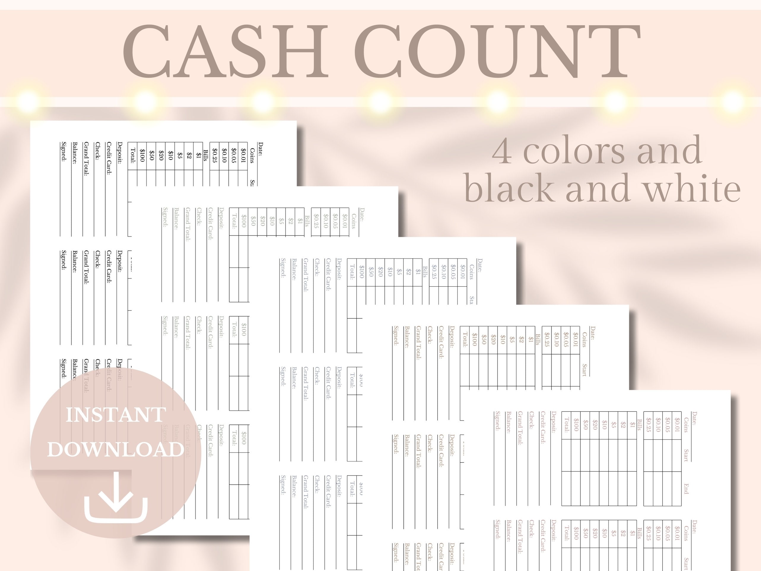 Cash Count Sheet Printable Cash Register Log Till Balance Cash ...
