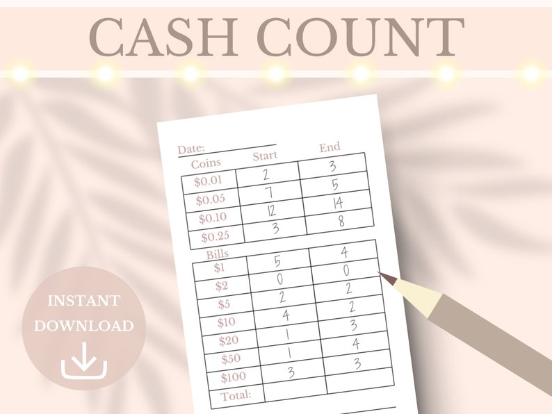 Cash Count Sheet Printable Cash Register Log Till Balance Cash ...