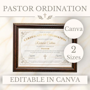 May include: A framed certificate of ordination with gold lettering on a white background. The text reads Pastor Ordination, Certificate of Ordination, Richard Collins, Pastor, and 2 Timothy 4:2. The frame is dark brown with a textured border.