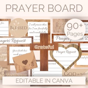 Puede incluir: Un tablero de oración con una estética de madera, con secciones para peticiones de oración, gratitud y reflexiones diarias. El diseño incluye una cruz, corazones y el texto "PRAYER BOARD", "BLESSED" y "EDITABLE IN CANVA".